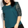 City Chic Teal Green Lace Sleeve Top