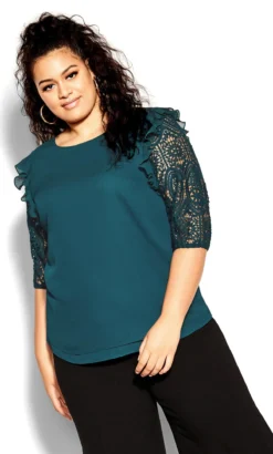 City Chic Teal Green Lace Sleeve Top