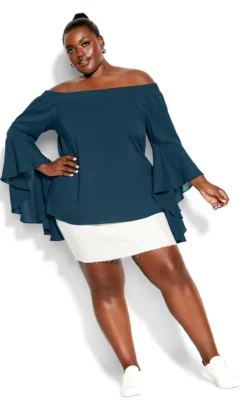 City Chic Blue Statement Sleeve Bardot Top