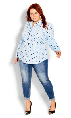 City Chic Blue Spot Print Puff Sleeve Shirt