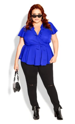 City Chic Cobalt Blue Frill Wrap Top