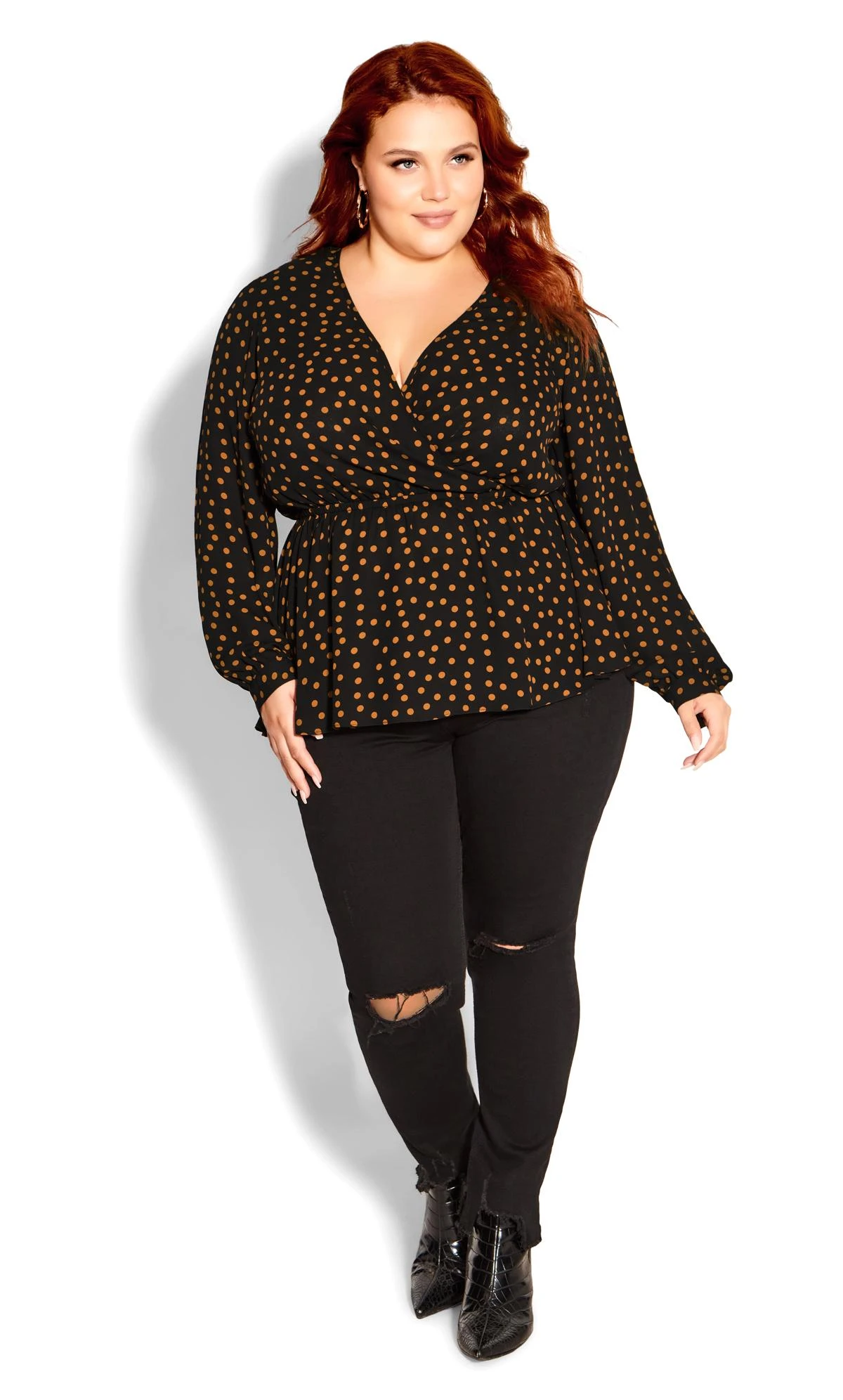 City Chic Black & Brown Polka Dot Wrap Peplum Top 1 City Chic Black & Brown Polka Dot Wrap Peplum Top