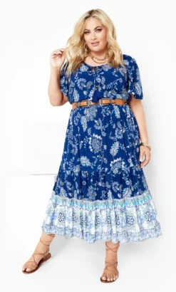 Avenue Blue Paisley Print Puff Sleeve Midi Dress