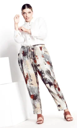 City Chic Isolde Roth Cream Linen Print Trousers