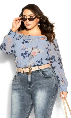 City Chic Light Blue Floral Print Bardot Top