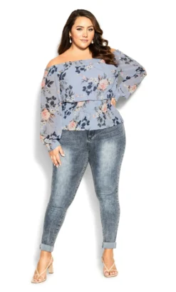 City Chic Light Blue Floral Print Bardot Top -Bold Fit Store 2 1 216243icebluebell 3