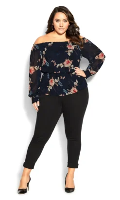 City Chic Black Floral Print Bardot Top -Bold Fit Store 2 1 216243navybluebell 3
