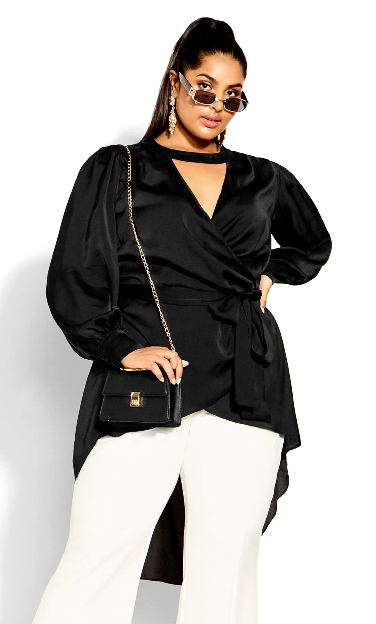 City Chic Black Satin Cut Out Dipped Hem Wrap Top 2 City Chic Black Satin Cut Out Dipped Hem Wrap Top - Image 2