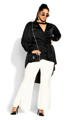 City Chic Black Satin Cut Out Dipped Hem Wrap Top