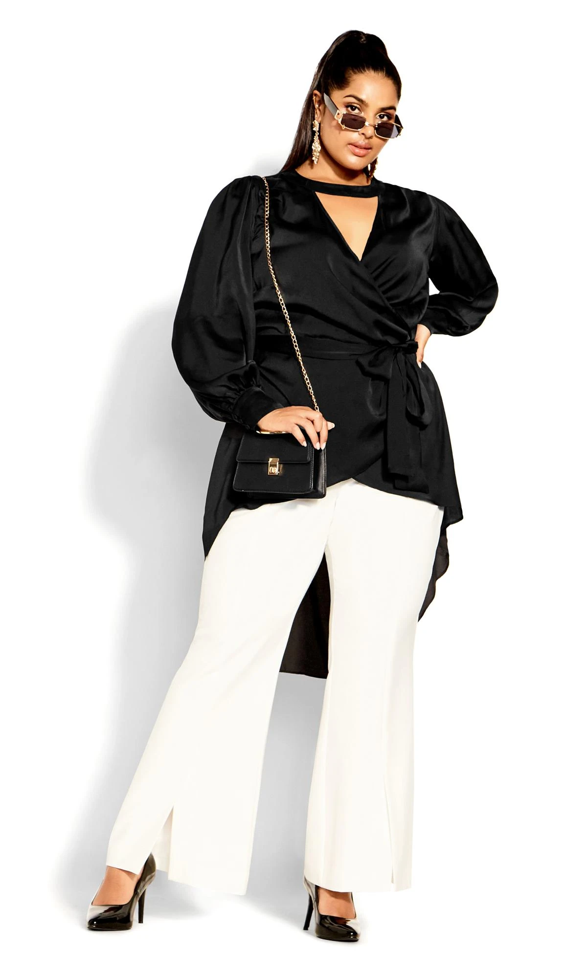 City Chic Black Satin Cut Out Dipped Hem Wrap Top 1 City Chic Black Satin Cut Out Dipped Hem Wrap Top