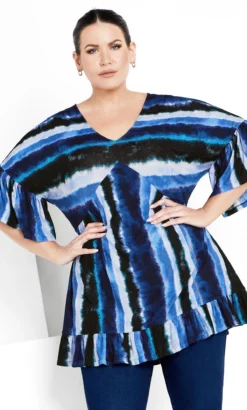 Avenue Navy Blue Stripe Frill Hem Top