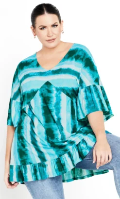 Avenue Turquoise Blue Stripe Frill Hem Top