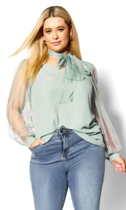 City Chic Mint Green Mesh Balloon Sleeve Top