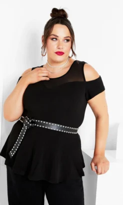 City Chic Black Mesh Cold Shoulder Top