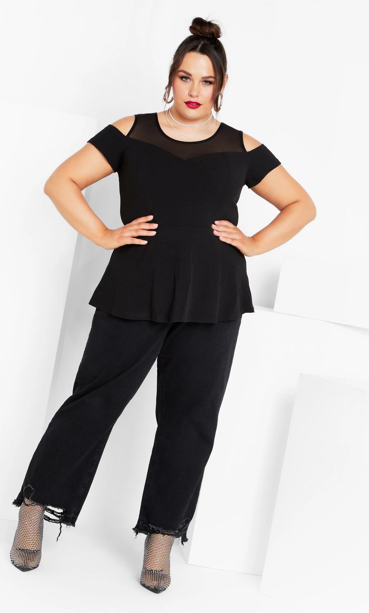 City Chic Black Mesh Cold Shoulder Top 2 City Chic Black Mesh Cold Shoulder Top - Image 2
