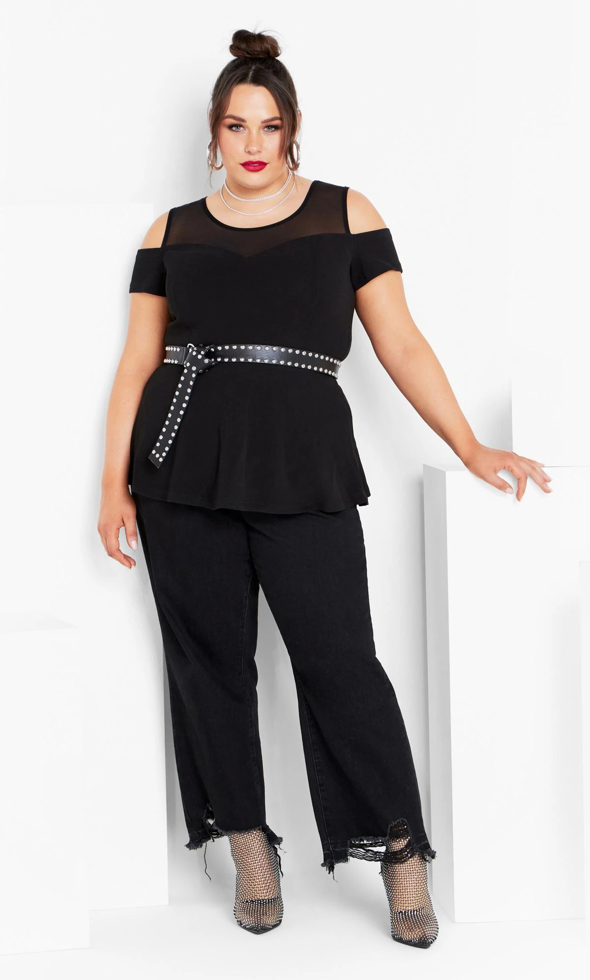 City Chic Black Mesh Cold Shoulder Top 3 City Chic Black Mesh Cold Shoulder Top - Image 3