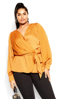 City Chic Orange Satin Long Sleeve Wrap Top