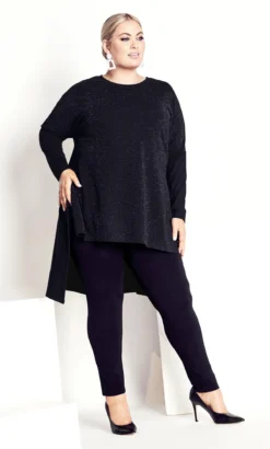 City Chic Navabi Black Glitter Side Split Longline Top