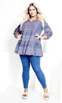 Avenue Blue Embroidered Swing Tunic Top