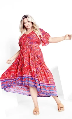 Avenue Red Paisley Print Pleated Maxi Dress