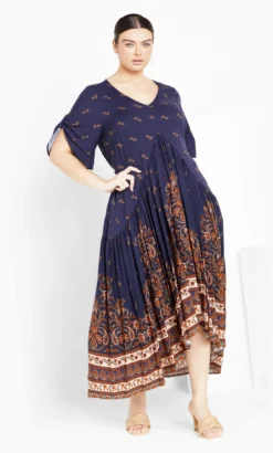 Avenue Navy Blue Paisley Print Pleated Maxi Dress