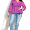 City Chic Purple Dobby Wrap Peplum Top