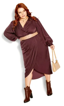 City Chic Burgundy Red Satin Tie Waist Wrap Midi Dress