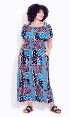 Avenue Blue Patchwork Print Bardot Maxi Dress