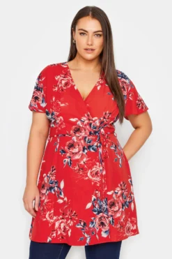 City Chic Red Floral Longline Wrap Top