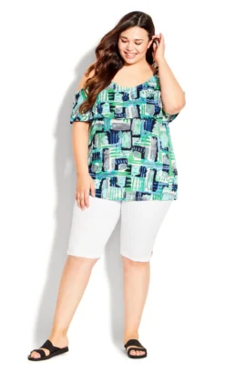 Avenue Blue Mixed Print Cold Shoulder Top
