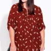 Avenue Burgundy Red Feather Print Zip Neck Shirt