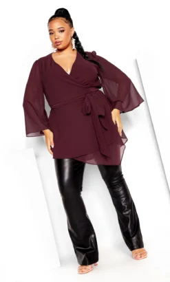 City Chic Burgundy Red Longline Chiffon Wrap Top
